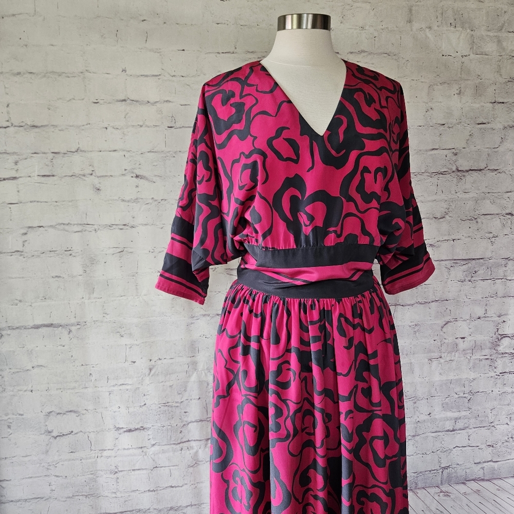 Vintage Maggie Boutique Dolman Sleeve Abstract Floral Pink Dark Teal Dress 12